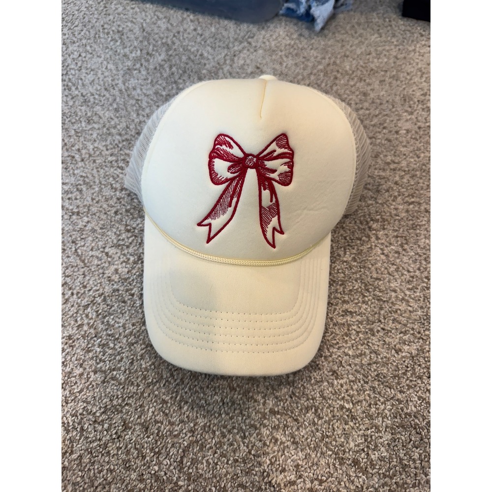 Tallulah Cream Red Embroidered Bow Trucker Hat Mesh Snapback Cap